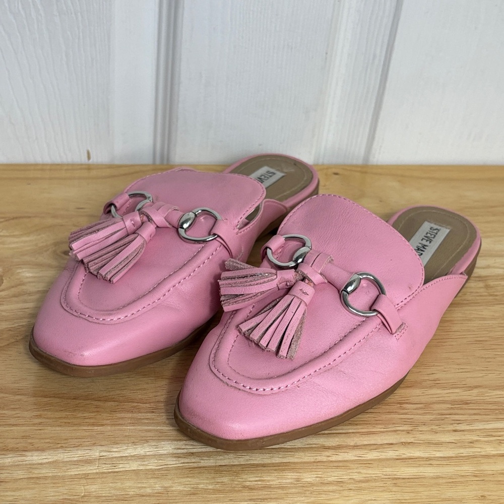 Steve Madden Cayler Pink Leather Tassel Mules Slide Size 7.5 Barbie pink summer